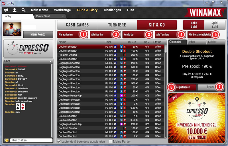 Die Sit & Go-Lobby  winamax